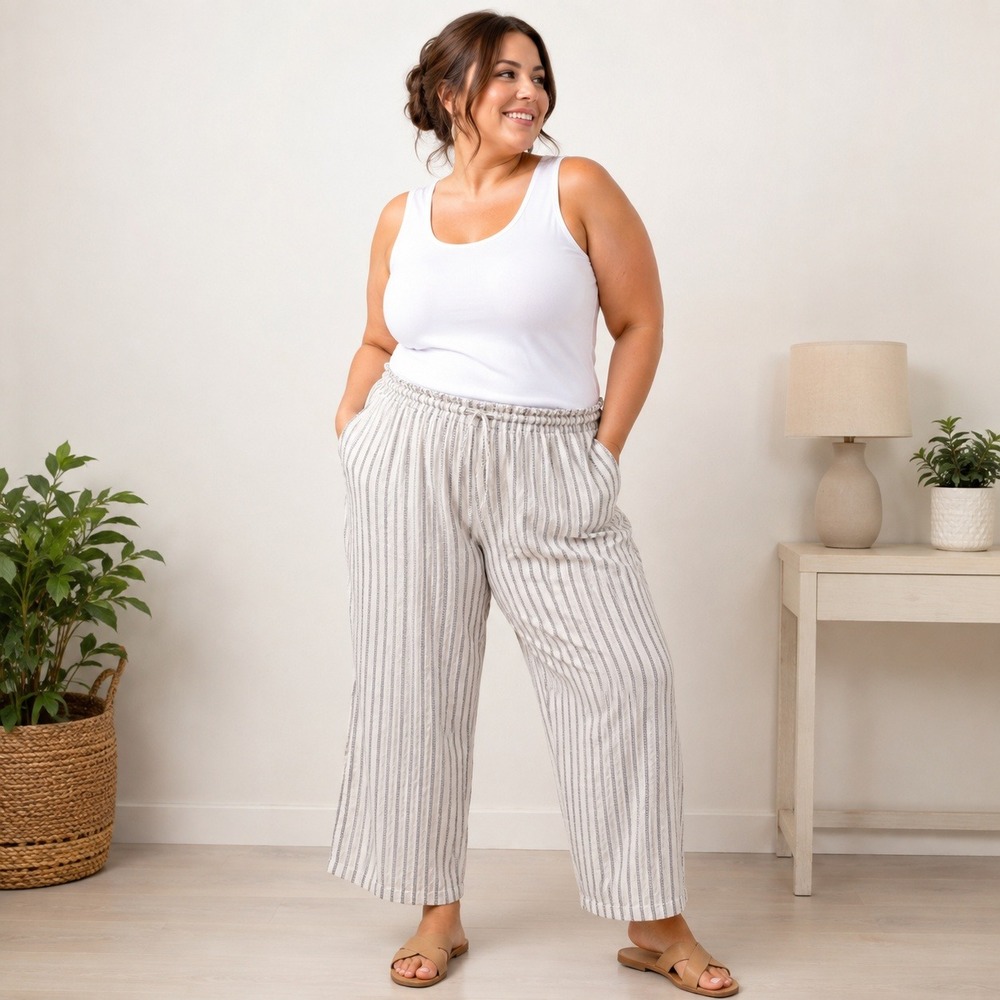 Sonoma Goods For Life XXL Linen Blend Striped Wide Leg Pants Beige Gray